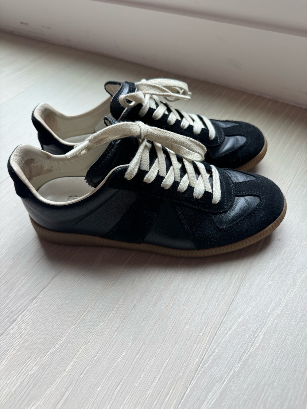 Maison Margiela Black Leather & Suede Sneakers with Cream Laces